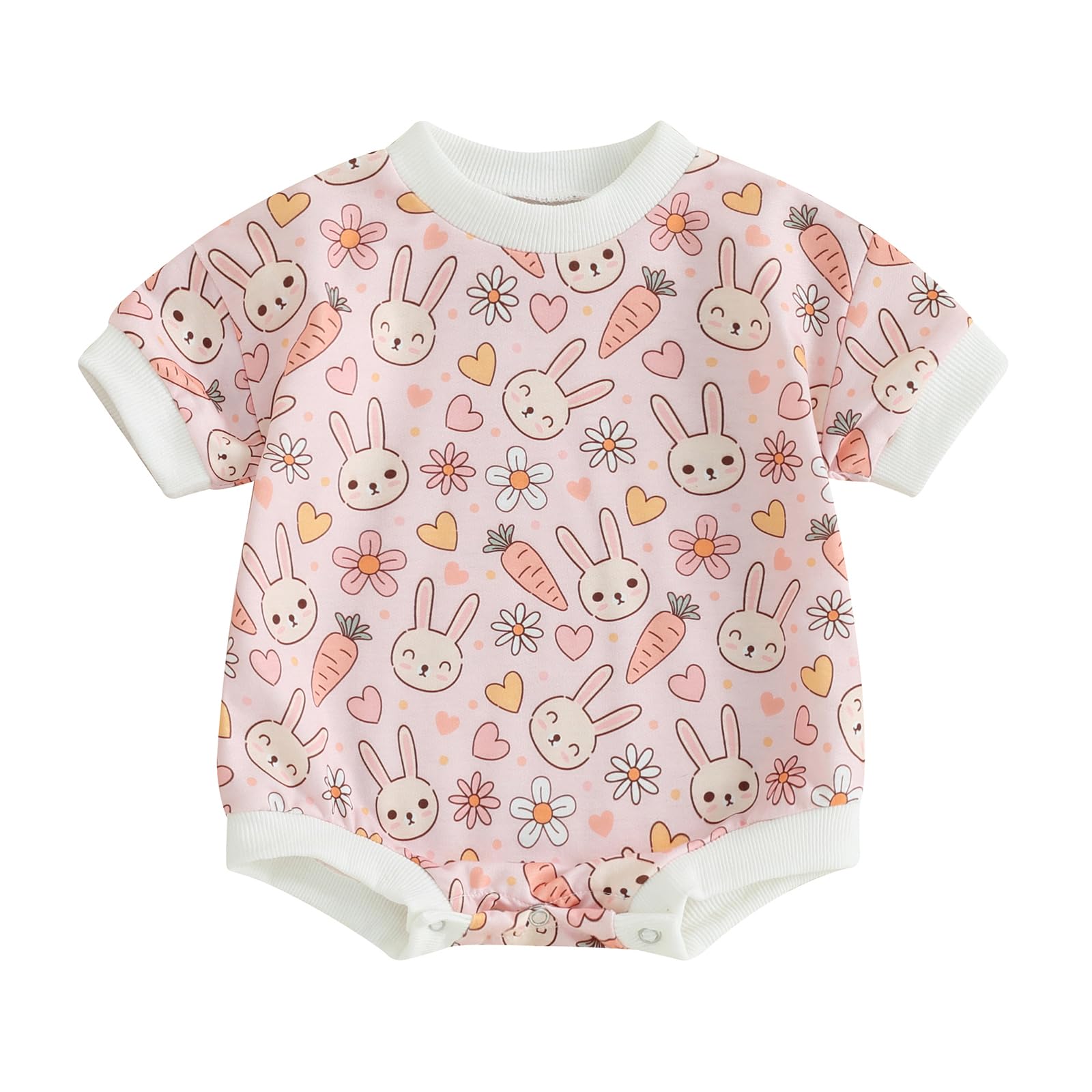 Infant Baby Girl Boy Easter Outfit Cute Bunny T Shirt Romper Oversized Bubble Onesie Floral Short Sleeve Bodysuit (Pink Carrot Rabbit, 3-6 Months)