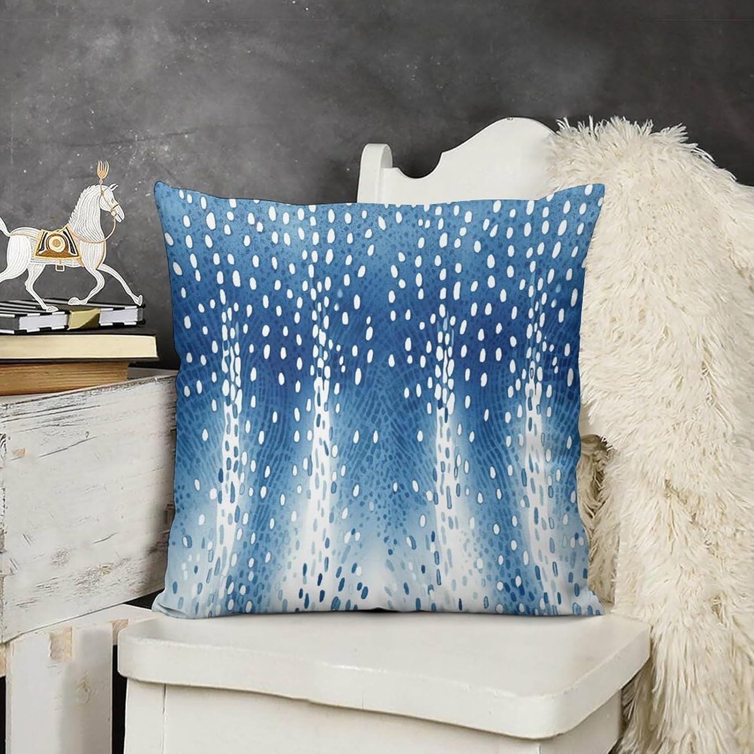 ArogGeld Watercolor Abstract Blue Geometry Sofa Pillowcase Set of 2 Blue and White Antelope Print Throw Pillow Cover Asian Scenic Chinoiserie Double Side Velvet Check Pillow for Bedroom 26"x26"