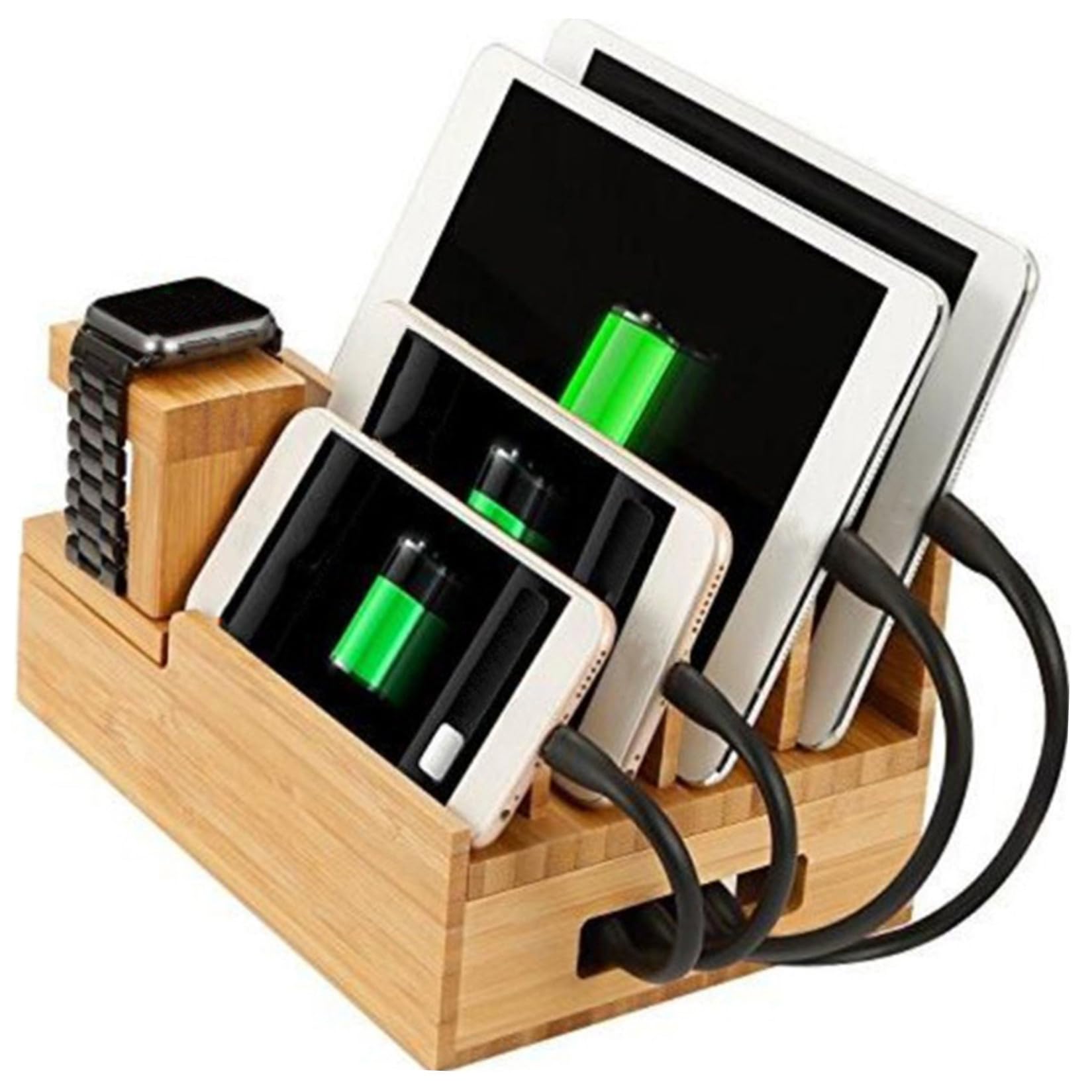 DOITOOL Support de Chargeur en Bambou Naturel pour Montre Connectée et Téléphone Portable, Station de Charge Multifonction Bureau, Compatible Montre Intelligente, Finition Bois, Taille