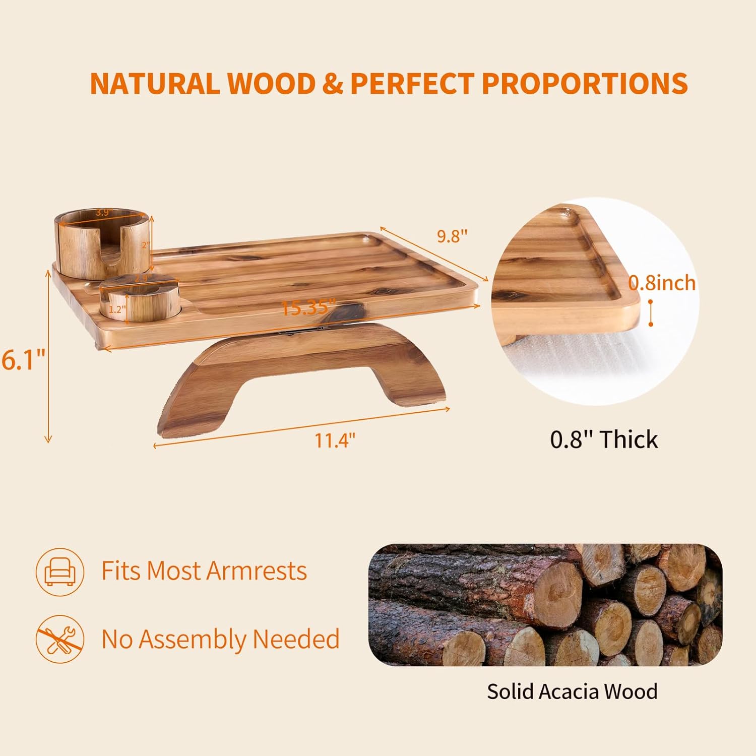 NEWBULIG Couch Cup Holder Tray, 3-in-1 Acacia Wood Sofa Arm Clip On Table with 360° Rotating Phone Holder, Foldable Stable Armrest Organizer for Drinks & Snacks, 15.35" x 9.8", Brown