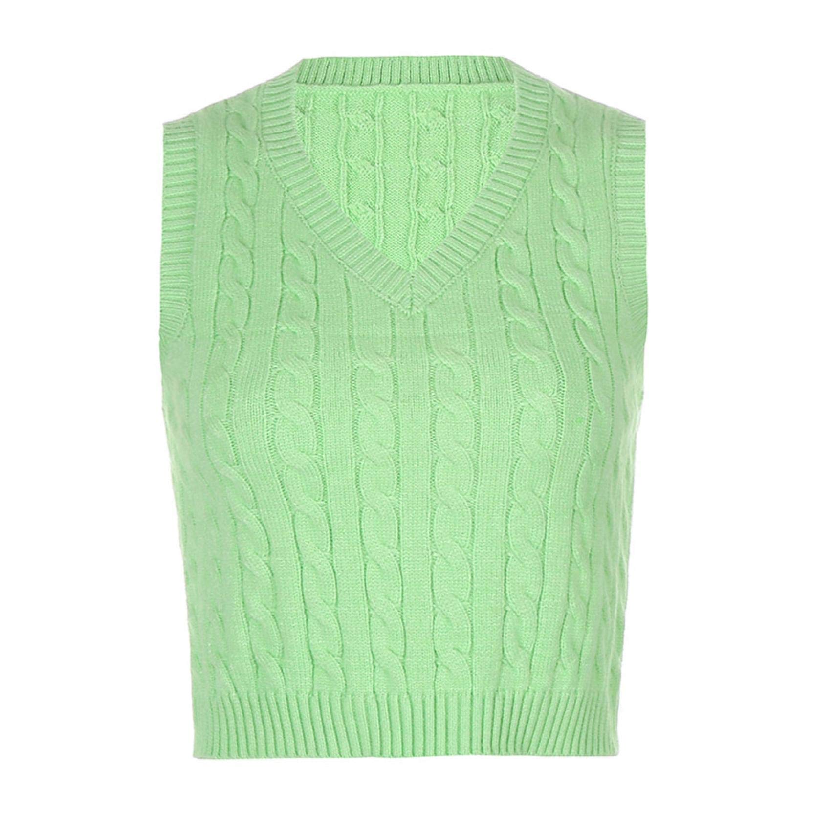 EMIKI Womens Slim V-Neck Argyle Ribbed Knit Cropped Sweater Vest Sleeveless Crop Tank Top Sweaters Mint Green