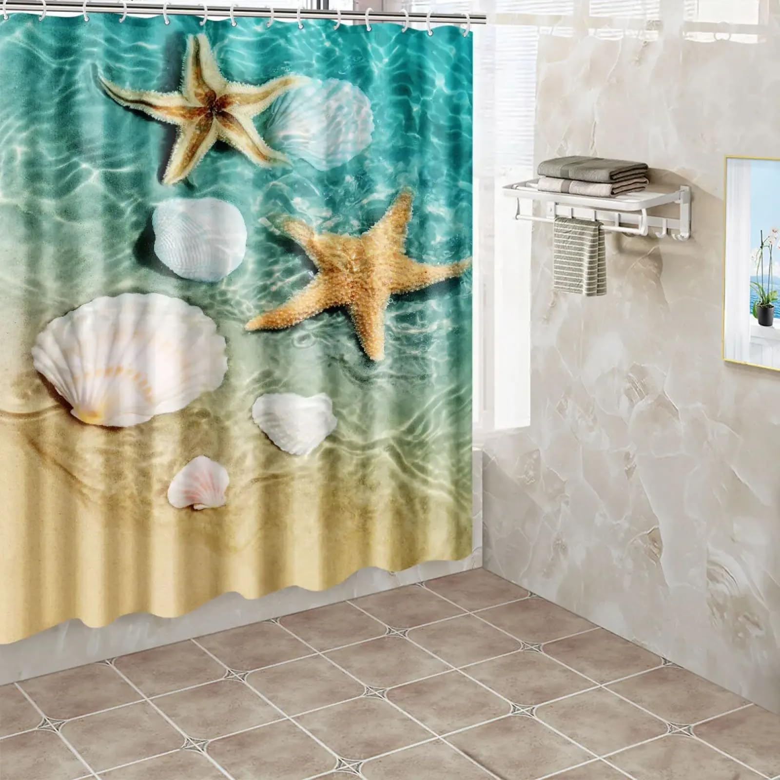 Rideau de Douche Motif étoiles de mer, décoration de Salle de Bain, Grand Rideau Large, Lavable en Machine, imprimé Plage, 280 x 200 cm