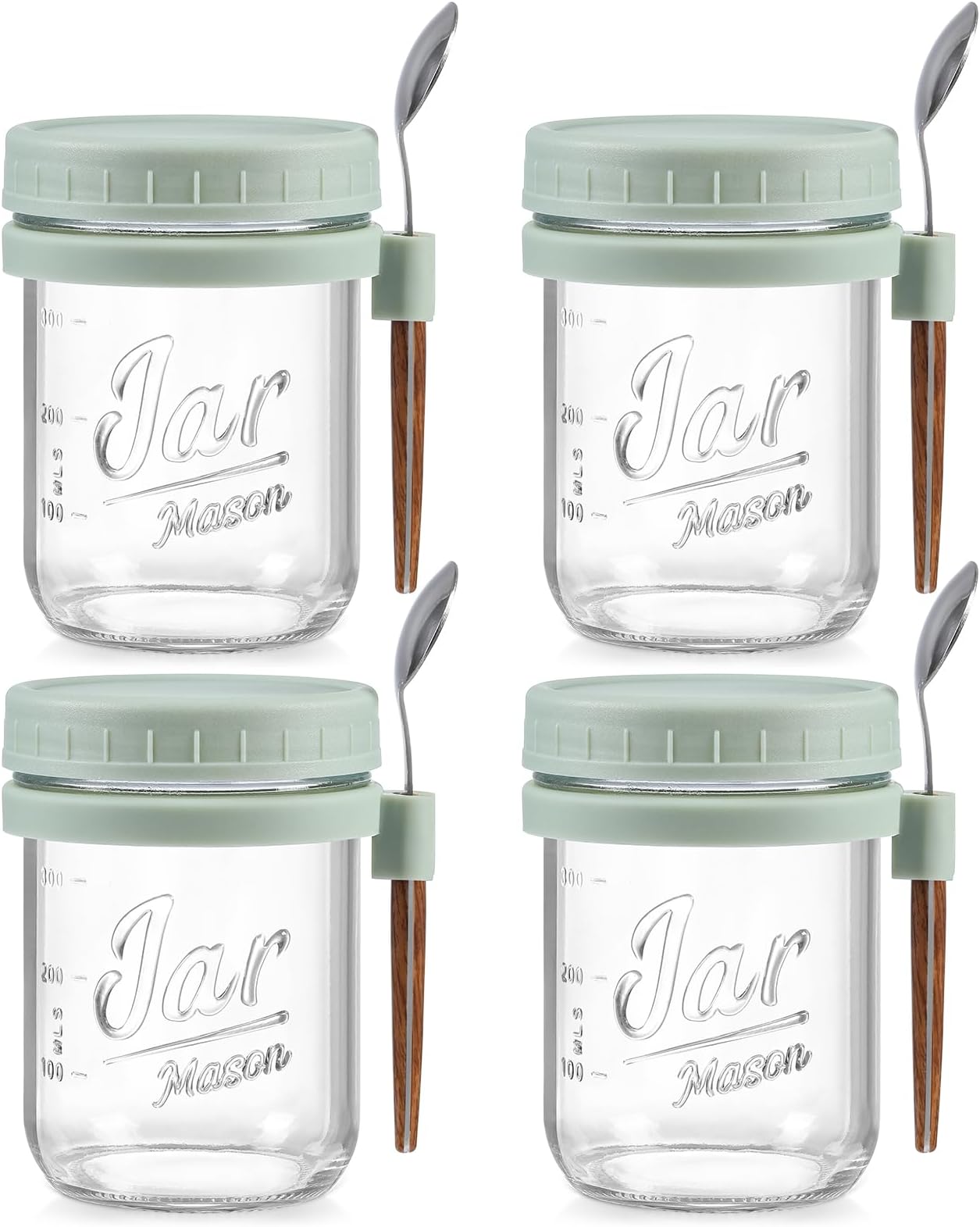 LANDNEOO 4 Pack Overnight Oats Containers with Lids and Spoons, 16 oz Glass Mason Jars with Airtight Lids, Overnight Oats Jars for Milk, Cereal, Fruit-Green