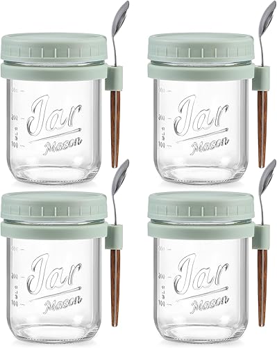 Vista 36 de LANDNEOO Paquete de 4 recipientes de avena con tapas y cucharas, tarros de vidrio de 16 onzas con tapas herméticas, tarros de avena para la noche