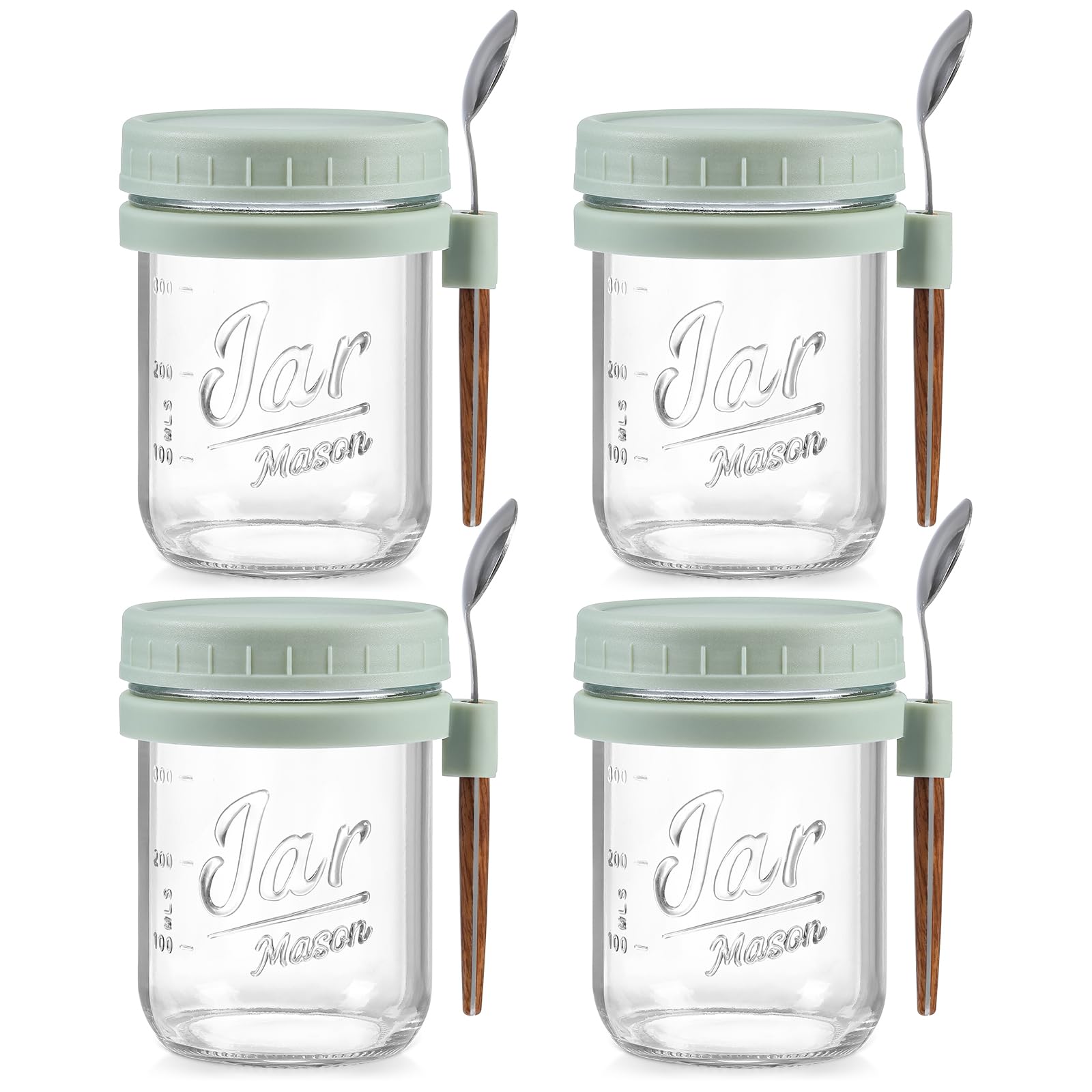 LANDNEOO 4 Pack Overnight Oats Containers with Lids and Spoons, 16 oz Glass Mason Jars with Airtight Lids, Overnight Oats Jars for Milk, Cereal, Fruit-Green
