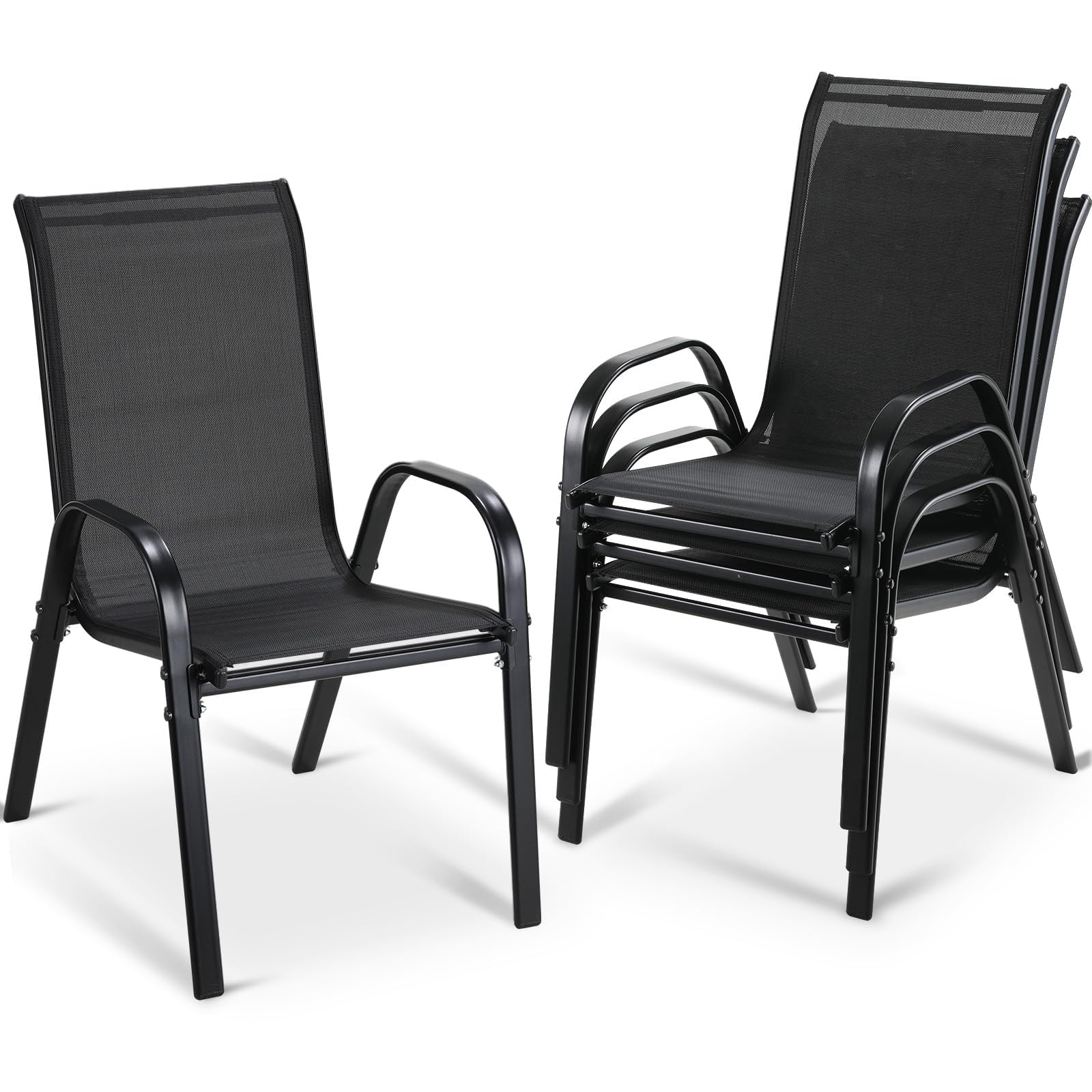 LIFERUN Gartenstühle Stapelstuhl Camping Stapelbar Hochlehner Terrassenstuhl Textilene Stahlgestell 150 kg Belastbar 54 x 69 x 93cm 4er Set Schwarz