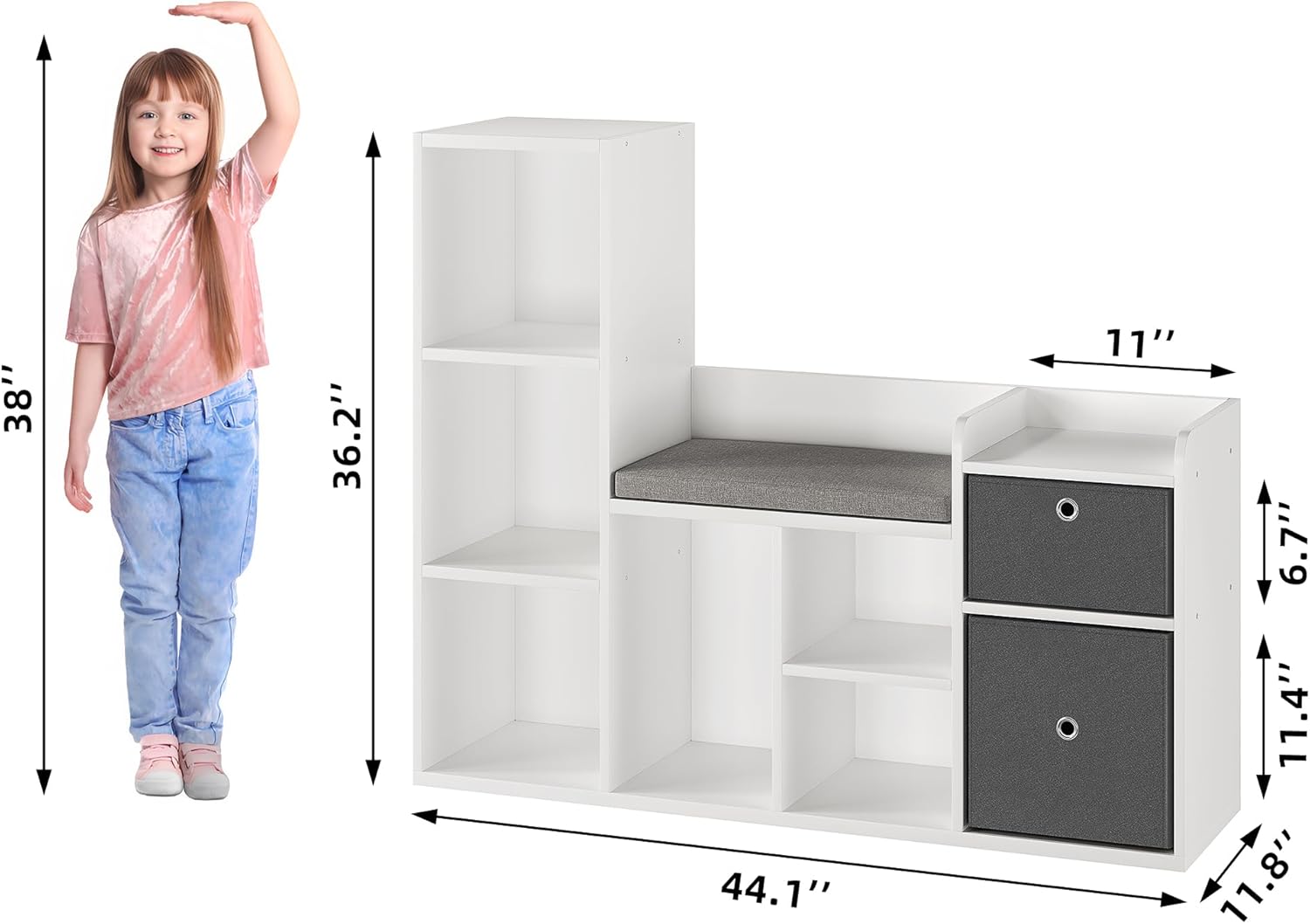 IDEALHOUSE 44 Inch Kids Bookshelf and Toy Storage with Reading Nook & Seat Cushion, Toy Storage Organizer with 6 Cubby and 2 Extra Drawers, Kids Reading Nook for Playroom Kid Room - Image 2