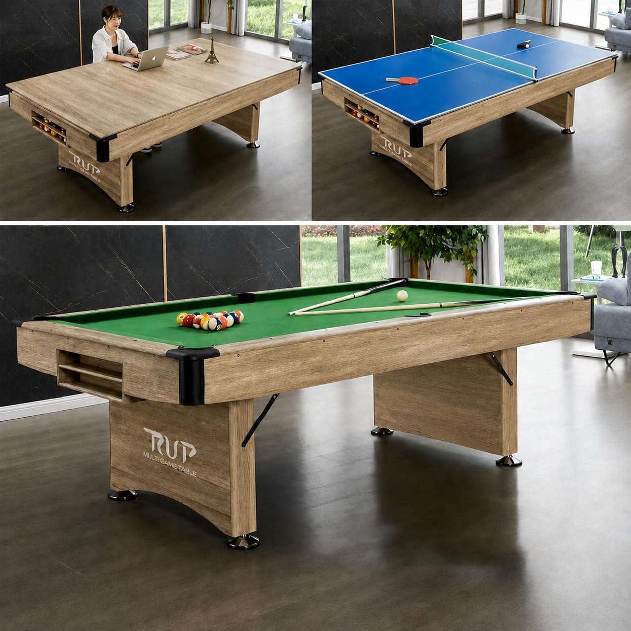 RUP 8ft 3 in 1 Folding Pool/Billards, Table Tennis Multi Game Table (All Set of accesories Included) (Brown & Green)-picture-21