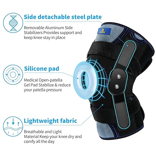 Miniatura 4 de ABYON Rodillera con bisagras de descompresión con correa ajustable para hombres y mujeres, rodilleras para desgarro de menisco, soporte de rodilla