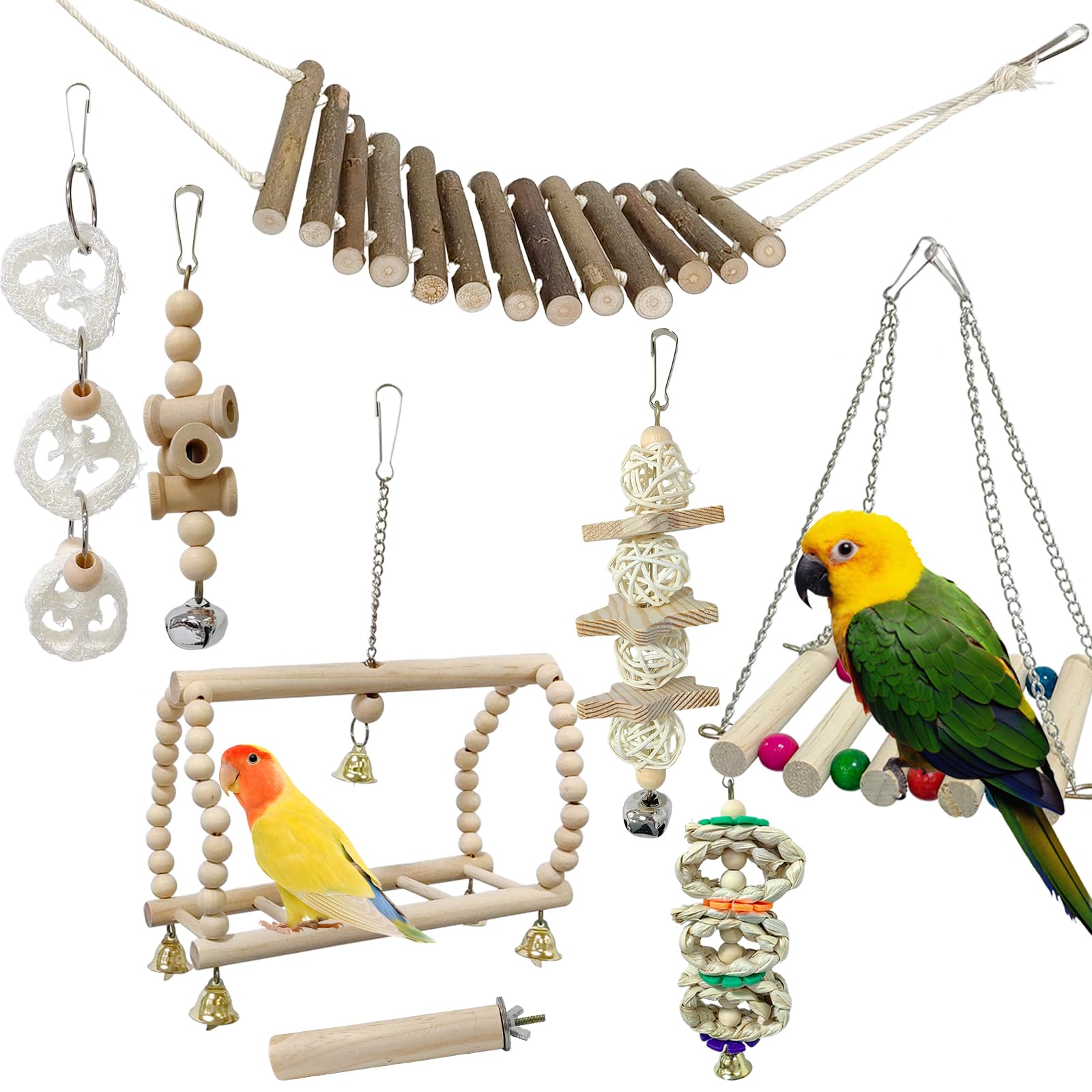 8 Pack Wood Bird Toys, Parrot Chewing Swing Hammock Ladder with Bell, Hanging Cage Toys for Budgies, Parakeets, Cockatiel, Lovebirds, Conures, Finches (Small to Medium Birds)