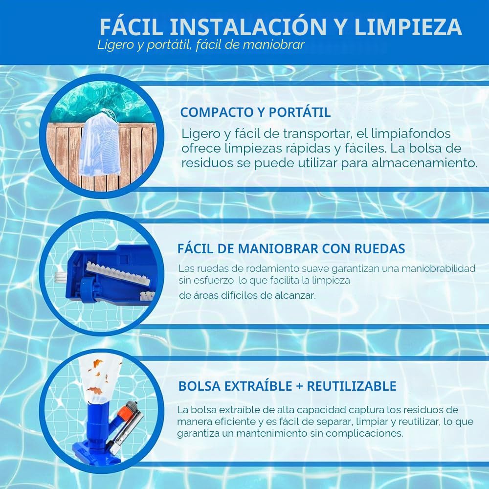 Limpiador Piscina Fondo,Aspirador Piscina,Kit Mantenimiento Piscina,Lncluye 6 Varillas Reforzadas-Conexión de hasta 2,1 M de Longitud-para Piscinas, Fuente, Hidromasaje