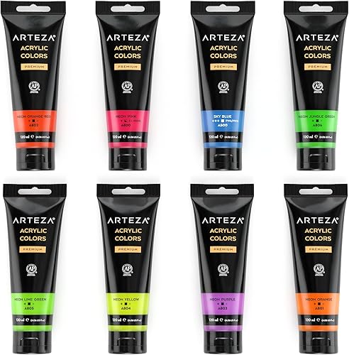 Miniatura 2 de ARTEZA Pintura acrílica neón, juego de 8, tubos de 4.06 onzas líquidas, pintura a base de agua de alta viscosidad, acabado brillante, suministros de