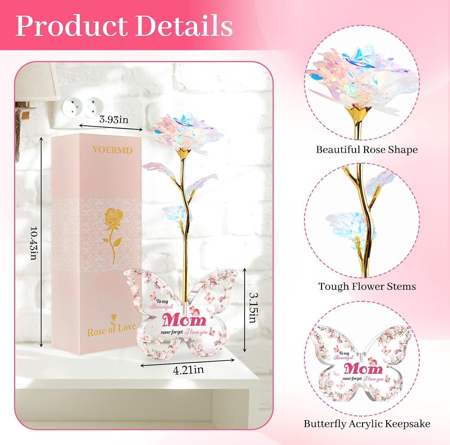 Mothers Day Unique Gifts for Mom Birthday, Pink Preserved Flowers Galaxy Rose with 4.2×3.15 Inch Acrylic Butterfly Stand-Delicate Mom Christmas, Valentines, from Daughter Son image 2