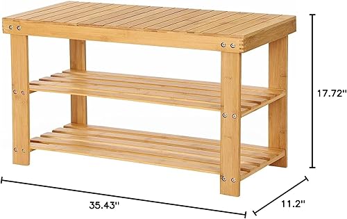 Miniatura 2 de Banco de zapatos de bambú, estante de 3 niveles de 35.4 pulgadas para entrada con asiento largo y estantes de almacenamiento, estante de banco para