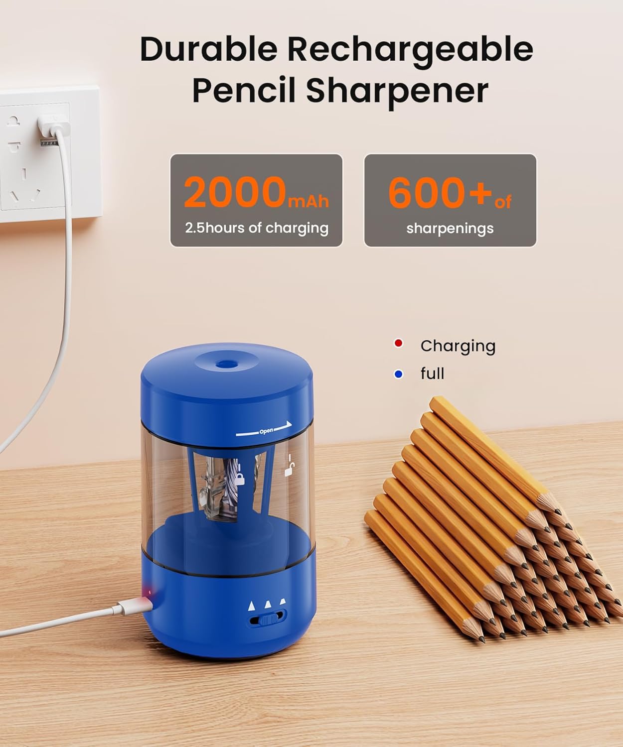 Electric Pencil Sharpener for Classroom, Fully Automatic Pencil Sharpener for 6-8mm Pencils & Colored Pencils, Auto in & Out, Type-C Rechargeable Pencil Sharpeners for Home, School, Office, Blue