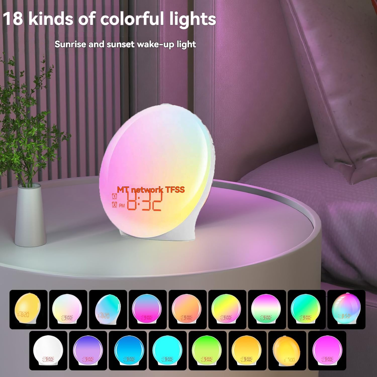 Luz con simulación de amanecer y atardecer RGB ambiental para dormitorio, mesita de noche, ruido blanco