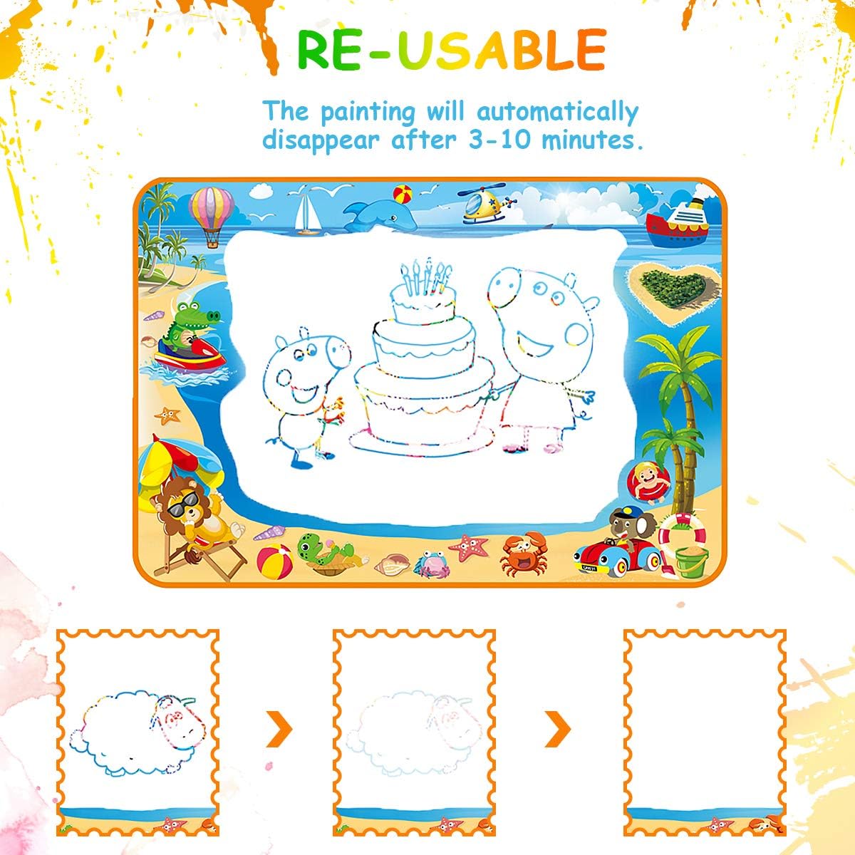 Water Doodle Mat - Large (39.4 x 27.5in) Aqua Magic Mat Kids Water Drawing Painting Pad with Water Pens & Stamps - Educational Toy&Toddler Gift for Girl Boy Age 1 2 3 4 5 6 7 8 9 10 11 12 Year Old