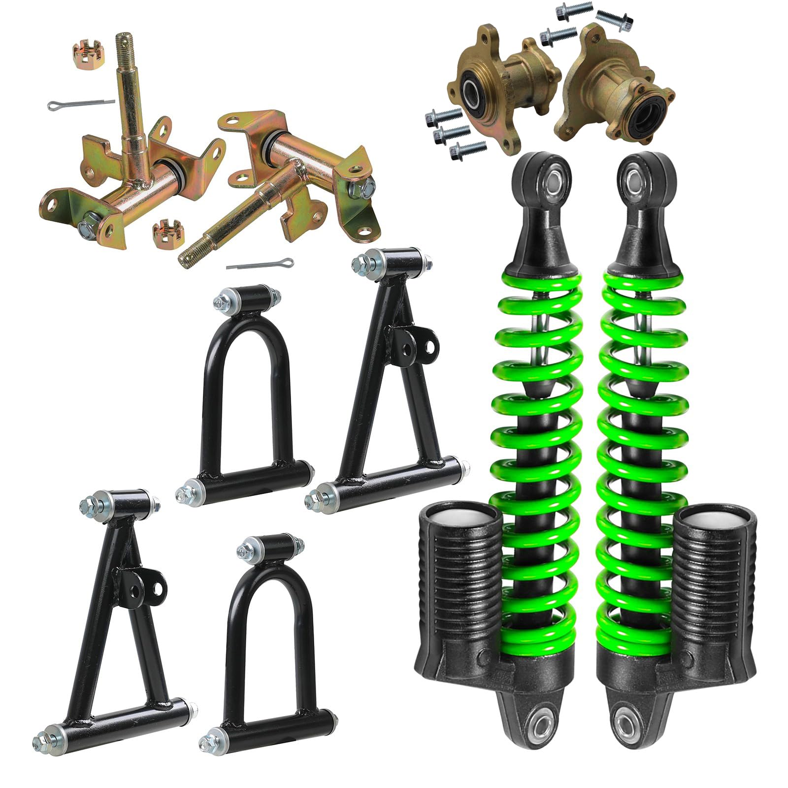 Go Kart Suspension Swing Arm & 320mm Front Shock Absorbers Kit with Steering Knuckle Spindles & 3-Stud Wheel Hubs – Fits ATV, UTV, Karting, Buggy, Quad, Golf Cart, Lawn Mower, Drift Trike, 4 Wheeler