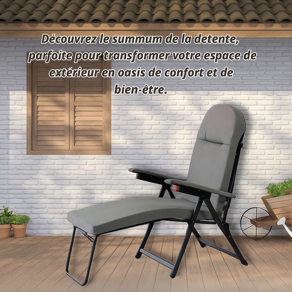 Tomaino - Chaise longue rembourrée extérieure intérieure avec repose-pieds - Fauteuil relax inclinable jusqu'à 180° - Coussin doux pliable pour maison, jardin, balcon (gris)