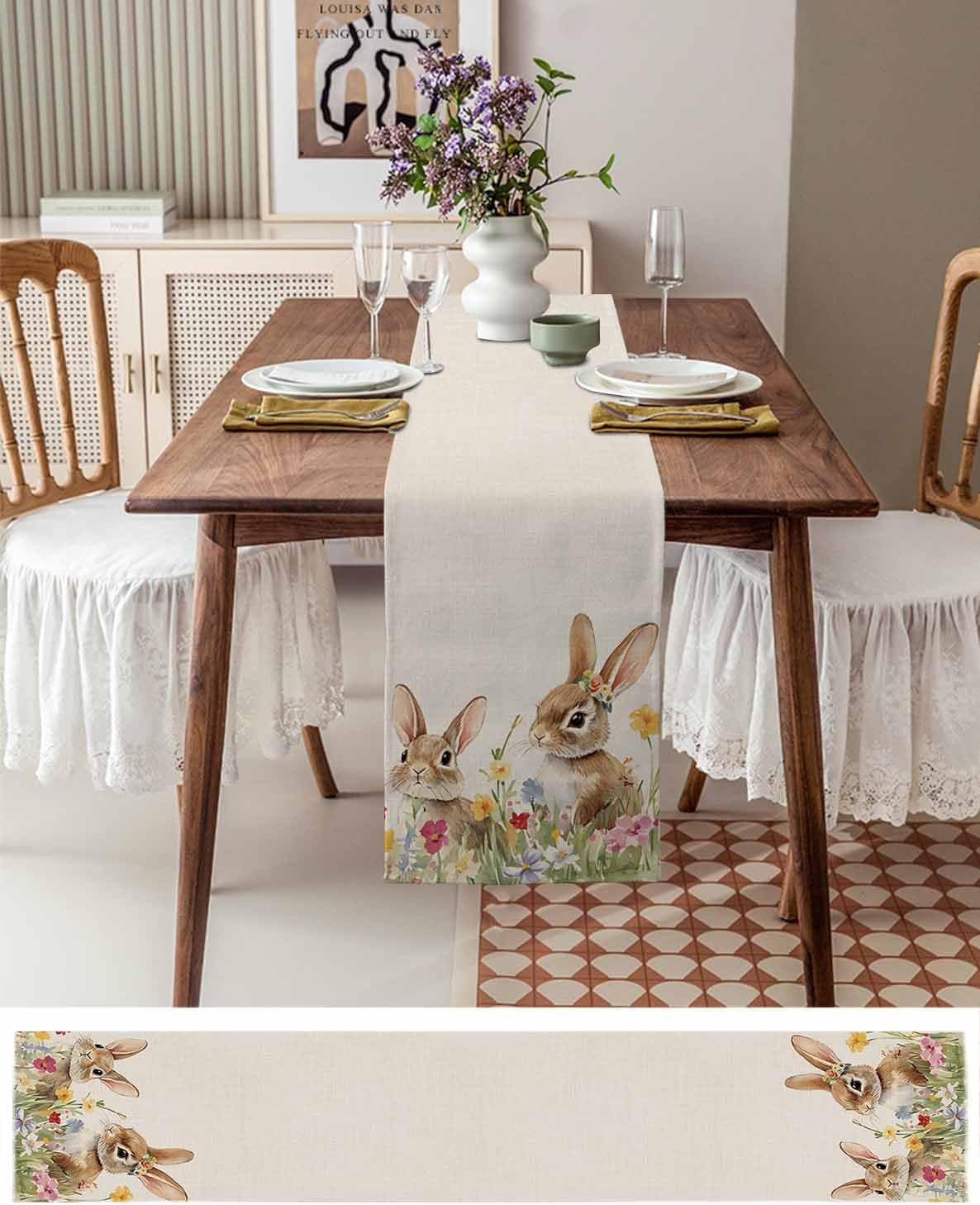 Easter Rabbits Table Runner Dresser Scarf 13 x 72 Inch Bunny Floral Plants Retro Farmhouse Table Runners Non-Slip Heat Resistant Kitchen Dining Table Decor for Seasonal Spring Holidays Indoor Outdoor