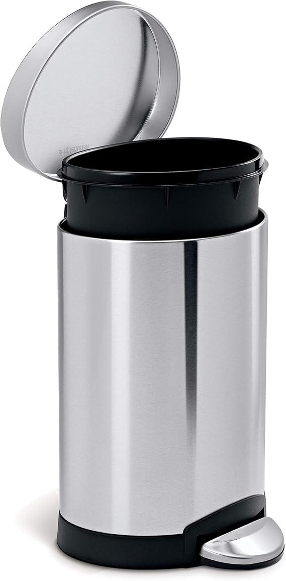 Simplehuman CW1834 Trash Can, 1.3 gal 6 L, Semi Round, Step Can, Soft Close, Silent, Lid Included, Pedal, Stainless Steel, Brushed Stainless Steel