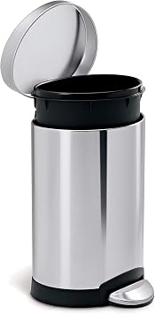 Simplehuman CW1834 Trash Can, 1.3 gal 6 L, Semi Round, Step Can, Soft Close, Silent, Lid Included, Pedal, Stainless Steel, Brushed Stainless Steel