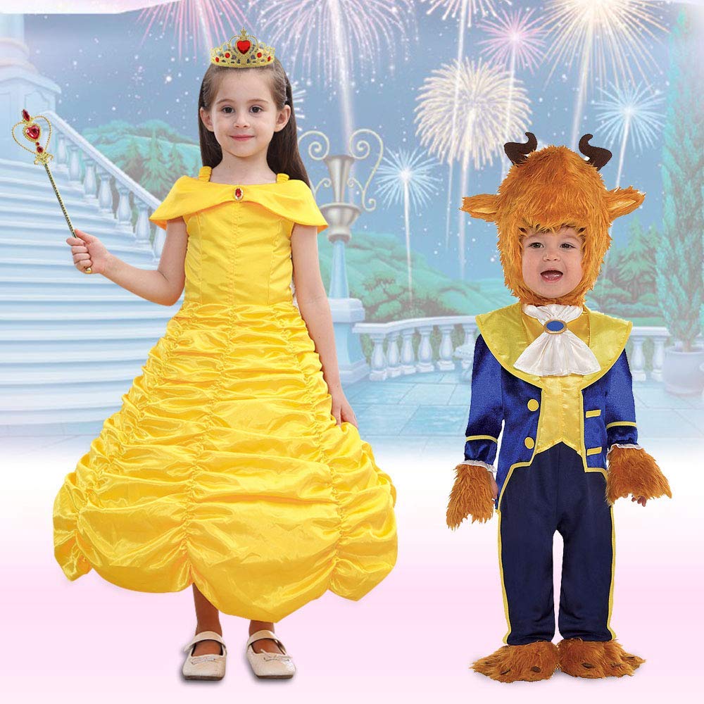 Vicloon Elsa Costume, Set da Principessa Elsa Corona Bacchetta Guanti Treccia, Ragazze Elsa Principessa delle Neve Abiti Partito Vestito Costume (Giallo, 5-6 Anni)