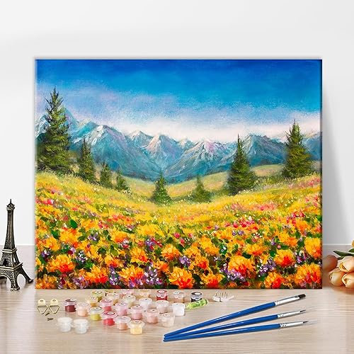 TUMOVO Pintura por números para adultos, paisaje de montaña con flores, pintura por números, pintura de acuarela por número para adultos, niños