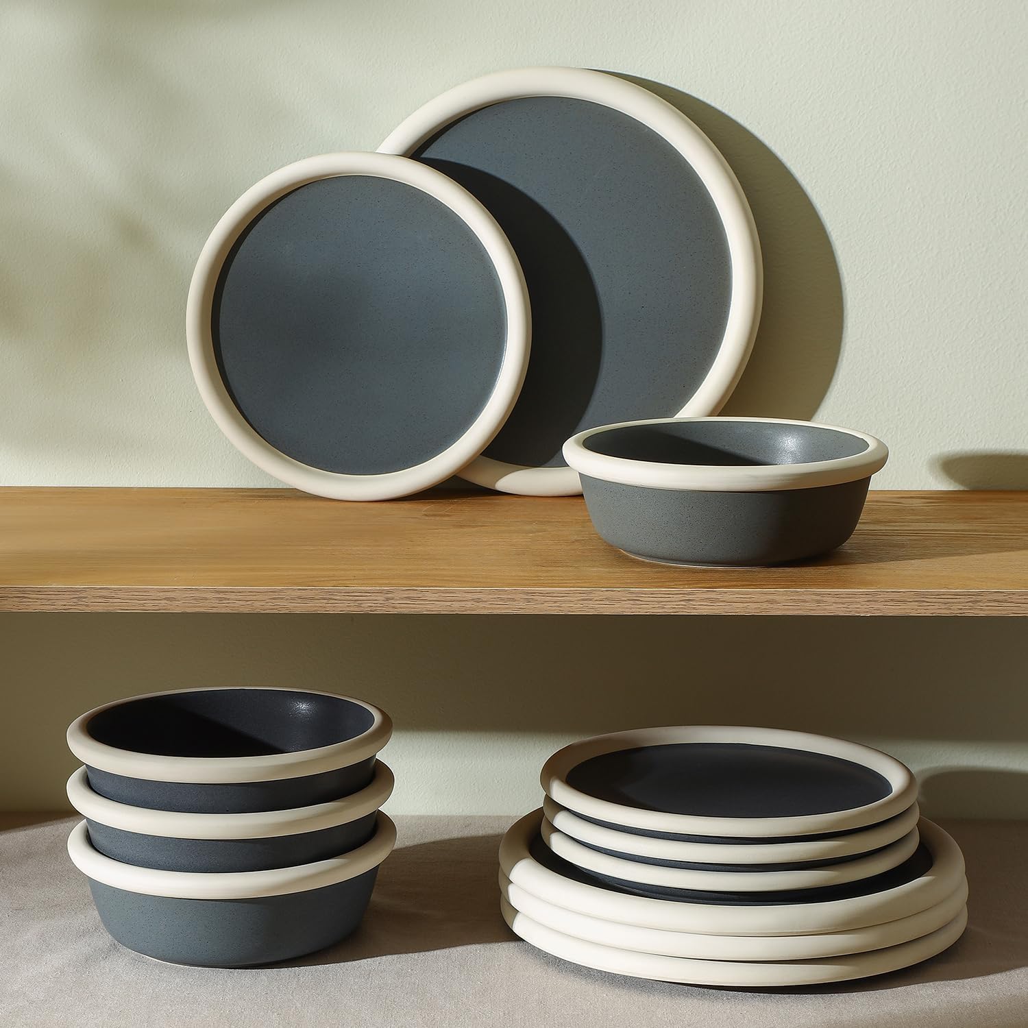 Stone Lain Capri 12-Piece Dinnerware Set Stoneware, Plates and Bowls Set, Microwave and Dishwasher Safe, Dish Set for 4, Grey