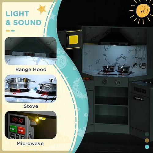 Miniatura 3 de Qaba Juego de cocina de madera para niños pequeños, juguete de simulación para niños con luces, sonidos, delantal y sombrero de chef, máquina de