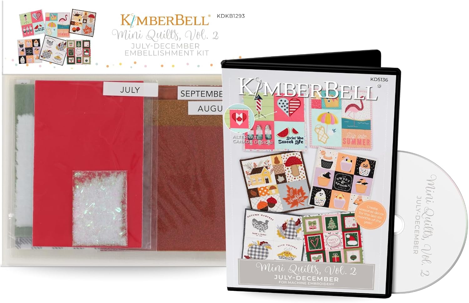 Kimberbell Mini Quilts Volume 2 Bundle – Machine Embroidery CD (July–December) and 15-Piece Embellishment Kit | Seasonal 12"x12" in-The-Hoop Quilting Projects for 5x7 or Larger Hoops