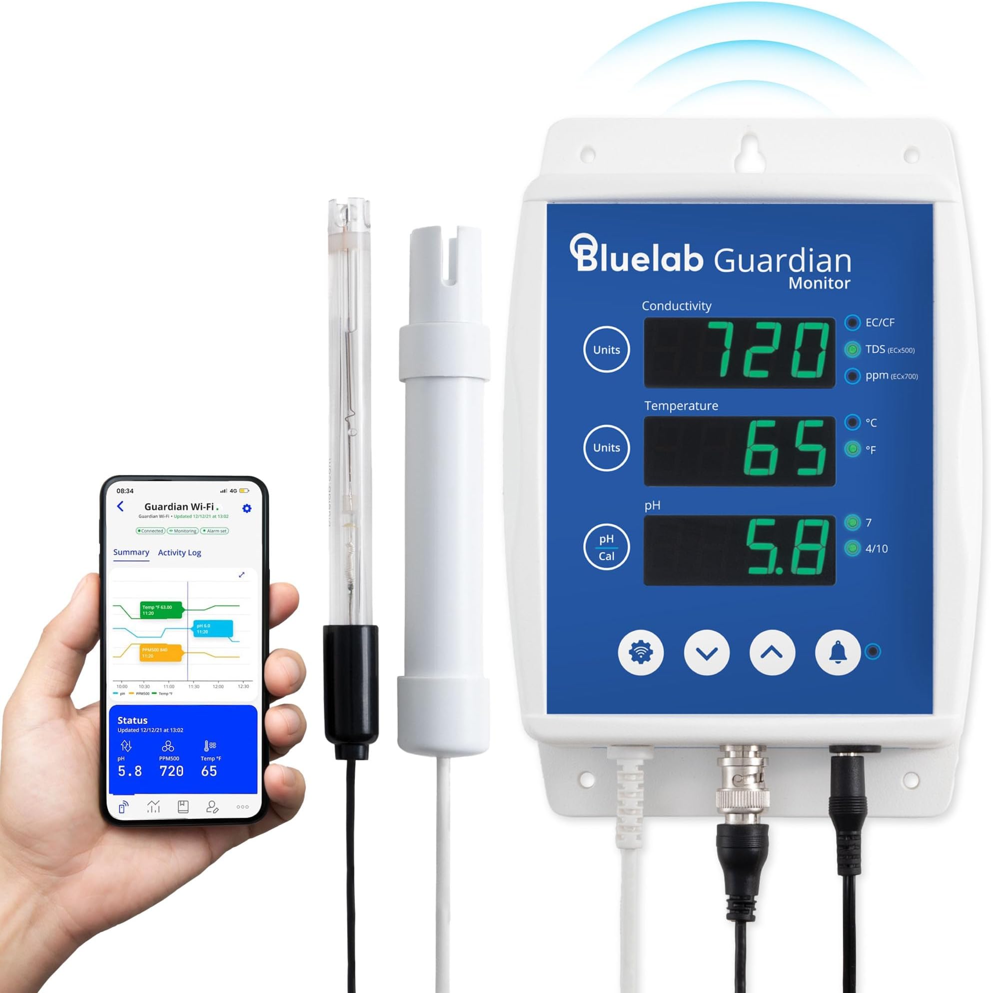 Guardian Monitor Wi-Fi for Real-time pH, Temperature, and Conductivity (TDS) Measurements in Water with Calibration, 3 in 1 Digital Nutrient Meter for Hydroponic Systems and Indoor Plant Grow