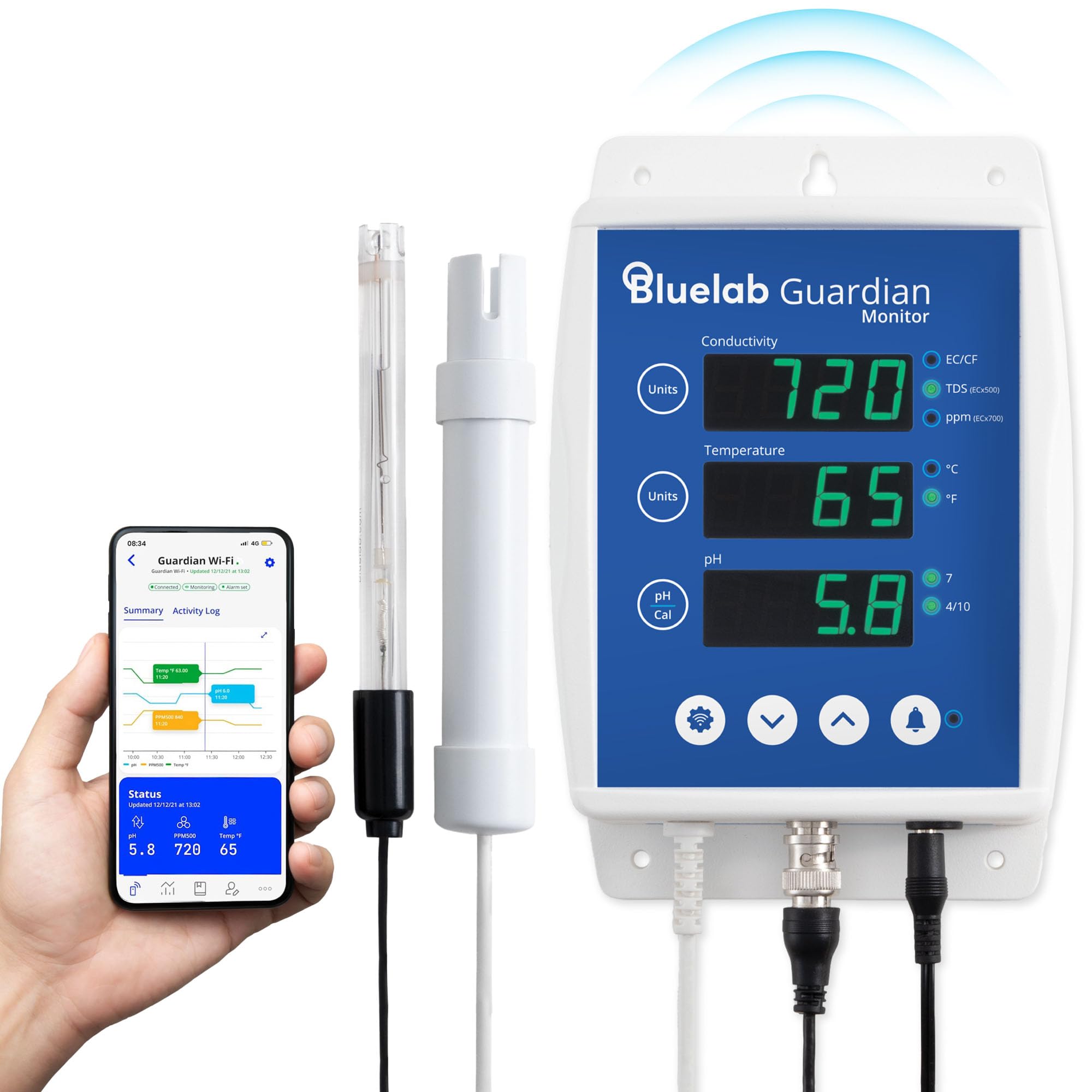 Guardian Monitor Wi-Fi for Real-time pH, Temperature, and Conductivity (TDS) Measurements in Water with Calibration, 3 in 1 Digital Nutrient Meter for Hydroponic Systems and Indoor Plant Grow