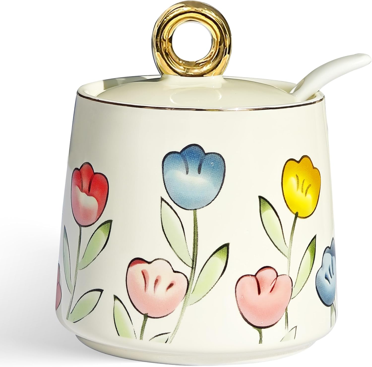 Ceramic Sugar Bowl with Lid and Spoon with Floral Pattern, Gold Trim - 7.5oz Elegant Sugar Jar with Lid and Spoon, Nordic Style for Kitchen, Dining, Cafe, Gift Idea (B)