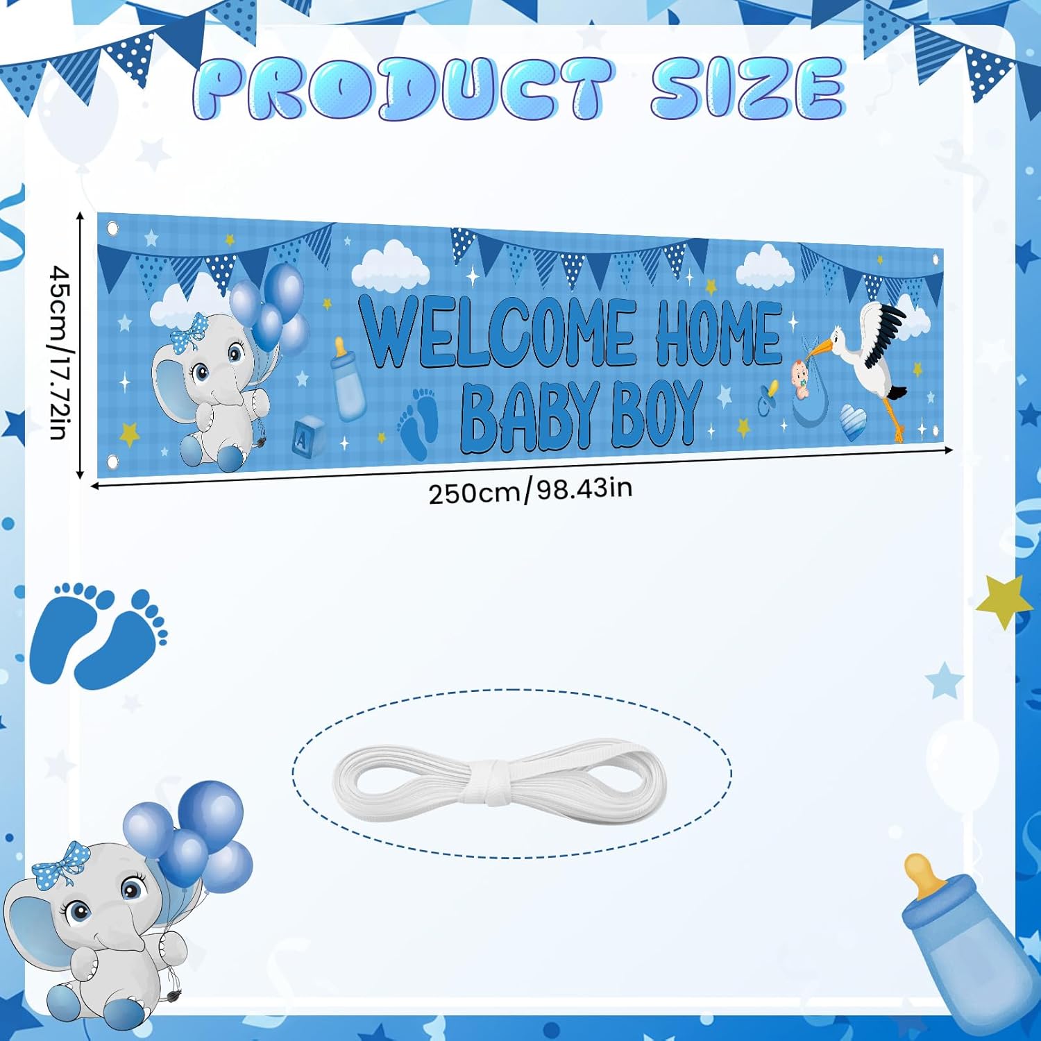 Welcome Home Baby Boy Yard Banner Decorations, Blue Elephant It's a Boy Baby Shower Banner Decorations for Boys Gender Reveal Party Supplies for Garden Yard Lawn 98.4 x 17.7 inch