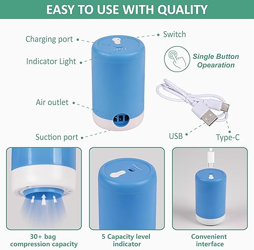 Miniatura 6 de Paquete de 35 bolsas de almacenamiento al vacío con bomba eléctrica portátil inalámbrica recargable, bolsas de ahorro de espacio para ropa,