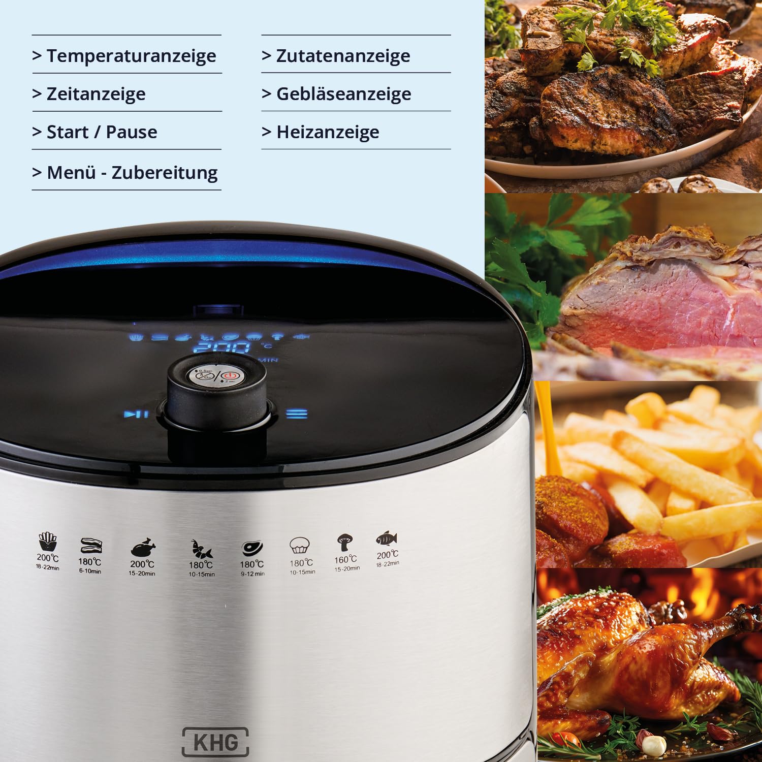 KHG Heißluft-Fritteuse Airfryer HLF-3200 silber 3,2 Liter herausnehmbarer Frittierkorb 1500 Watt Timer LED Anzeige