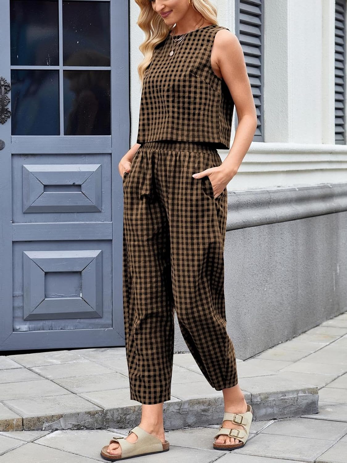 RANTAR Womens Cotton Gingham 2 Piece Outfit Summer Tank Top Pants Matching Casual Beach Lounge Set - Image 5