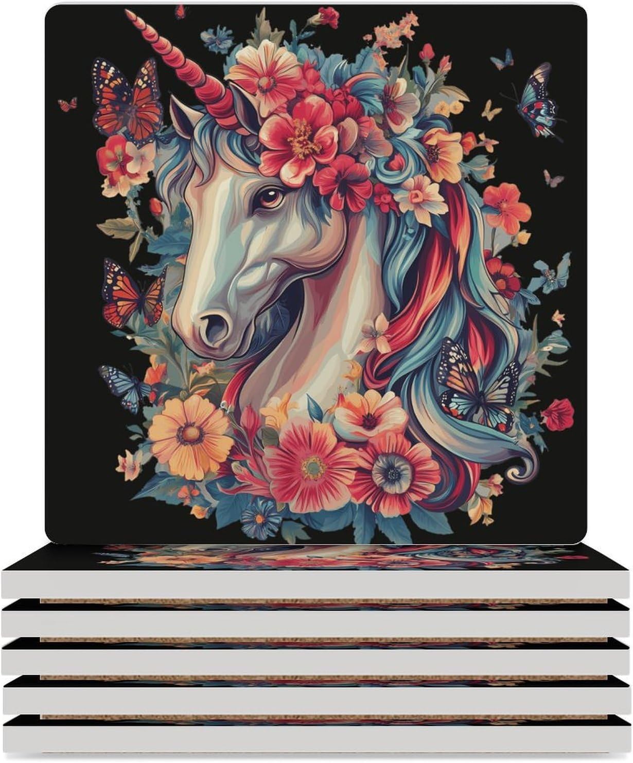 Horse Flowers Butterflies Ceramic Coasters Square Drinks Coaster Coffee Table Decor Table Coaster for Home Bar