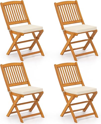 HAPPYGRILL Juego de 4 sillas plegables para exteriores, sillas de respaldo alto de madera de acacia con cojines de asiento, silla de comedor