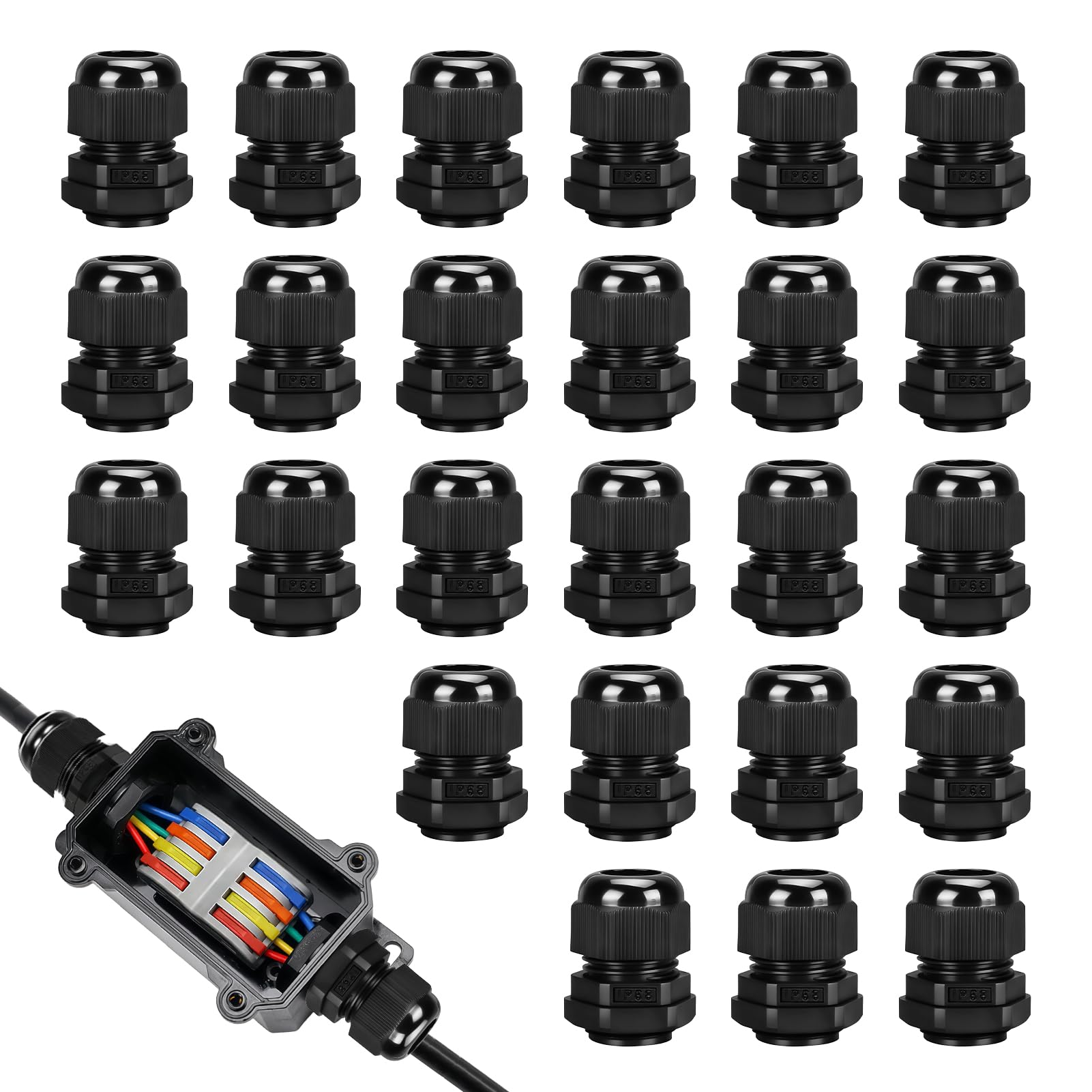 Aihoom 25Pack IP68 Waterproof Nylon Cable Glands, M20 20mm Electrical Connectors for 6mm-12mm Cables, Outdoor Use, with Locknut and Washer, Suitable for Junction Boxes, Black