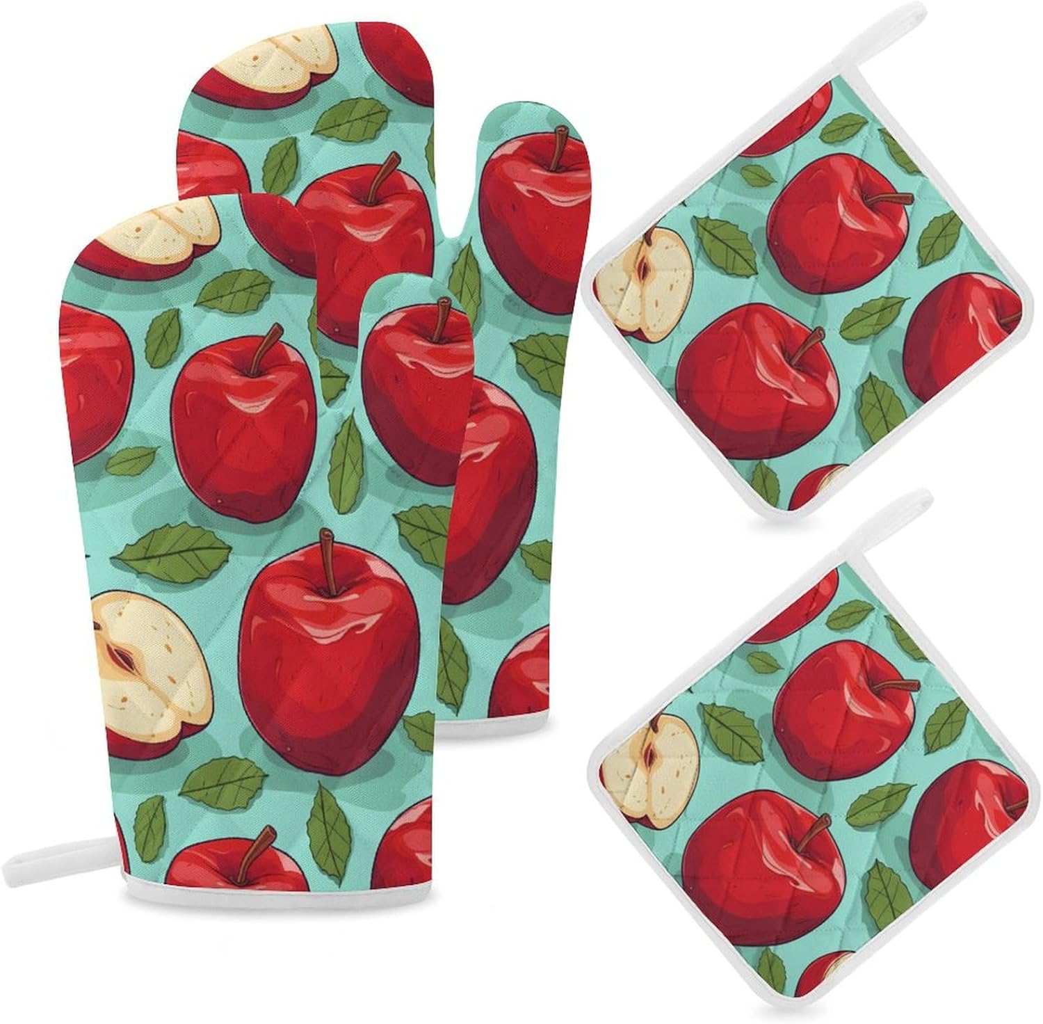 Red-Apples 4 Pcs Oven Mitts and Pot Holders Set High Heat Resistant Long Kitchen Oven Glove Potholders