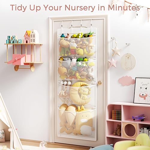 Miniatura 6 de Criusia Almacenamiento de animales de peluche, organizador sobre la puerta con 4 bolsillos de malla, organizadores de juguetes y almacenamiento para