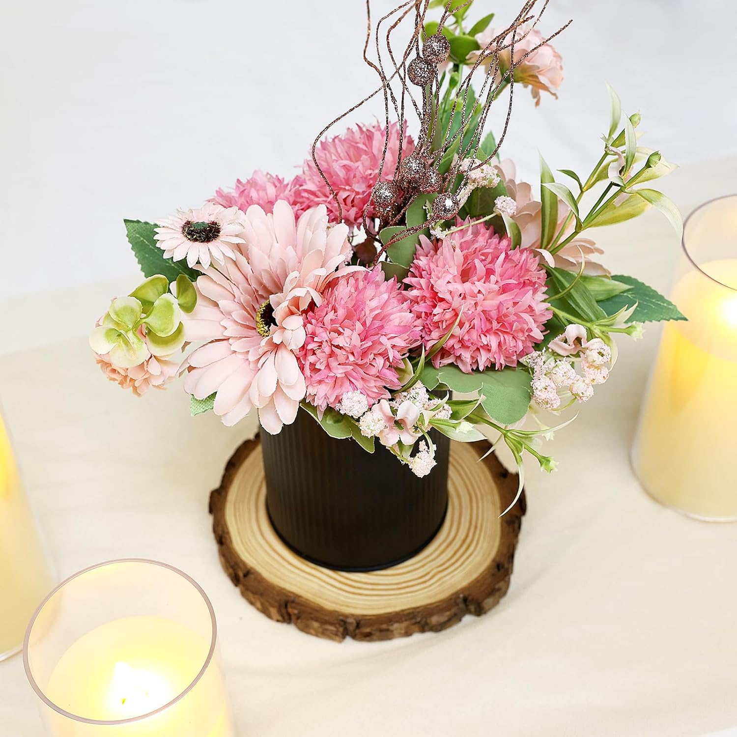 Artificial Flowers Table Centerpieces - Set of 6 Pre-Made Daisy Floral Arrangements with Rustic Metal Black Vase for Birthday, Baby Shower, Party, Home Decorations - Hot Pink & Rose Gold