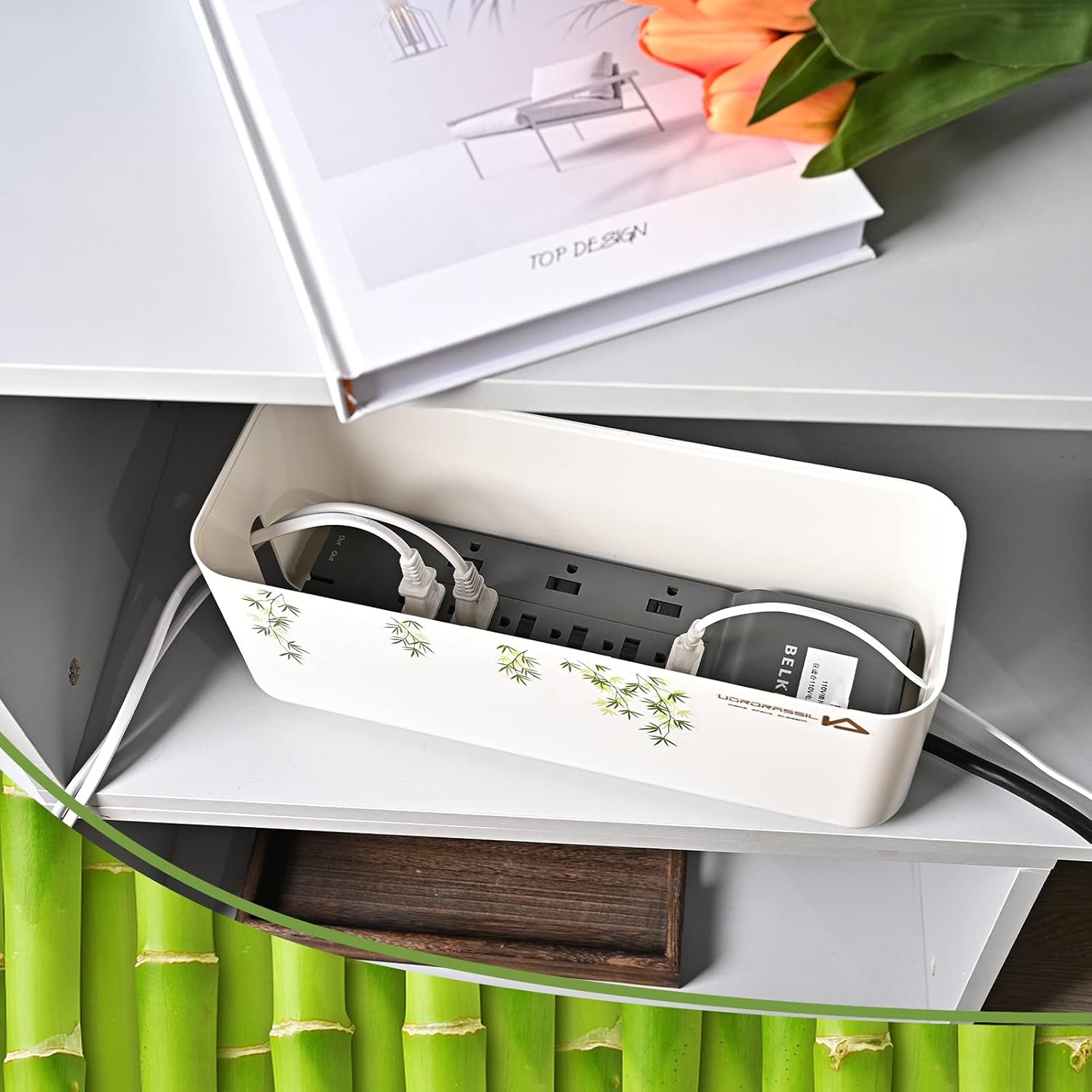 ❤ Crazy Deals Cable Management Box Organizer for Cords, Computer USB-Hub, TV to Cover and Conceal Power Strips, Etc.-Set of 2, with a Bamboo Lid, Black Case