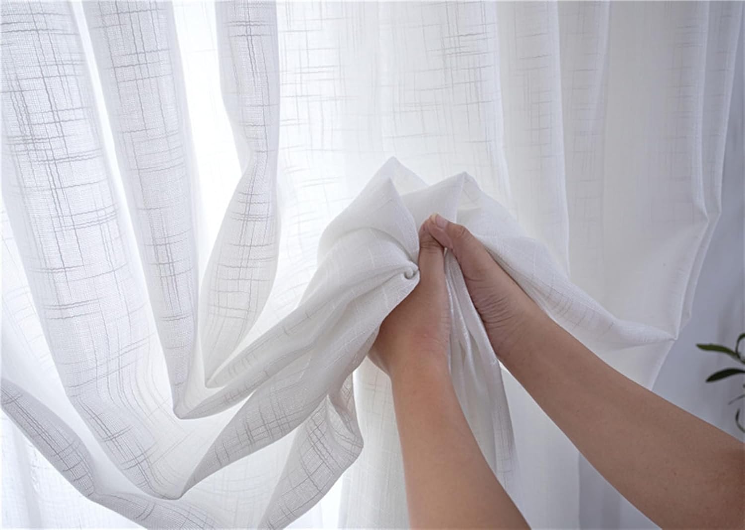 Daesar Semi Sheer Curtains 2 Panels Set 45 Inch Length, Eyelet Transparent Curtains Solid Color Geometric Lines Texture Window Voile Drapes Treatment for Bedroom Living Room, 42x45 Inch White