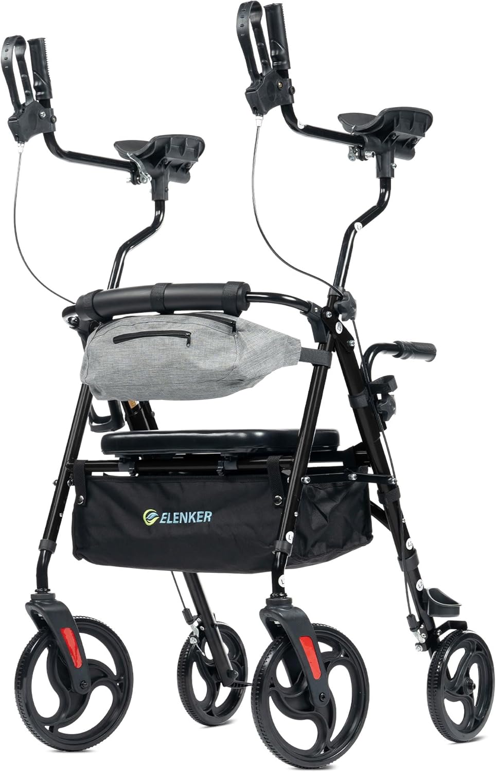 ELENKER Upright Rollator Walker, Stand Up Walkers for Seniors with Armrest, Front Pouch, 10”Wheels, Sponge Padded Seat and Backrest, Fully Adjustment Frame, Black