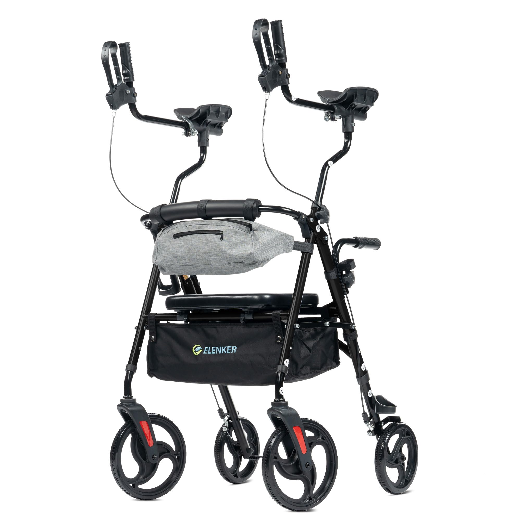 Upright Rollator Walker, Stand Up Walkers for Seniors with Armrest, Front Pouch, 10”Wheels, Sponge Padded Seat and Backrest, Fully Adjustment Frame, Black