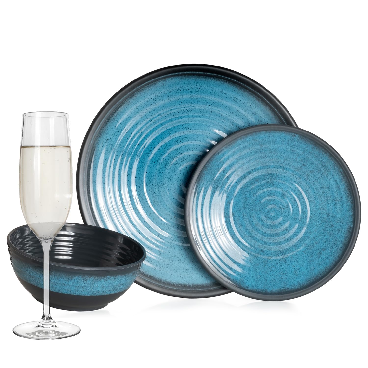 Vajilla de melamina para camping, 4 personas, color azul piedra + 4 vasos de champán Tiamo Flûtes Vajilla Picnic BBQ Utensilios de cocina