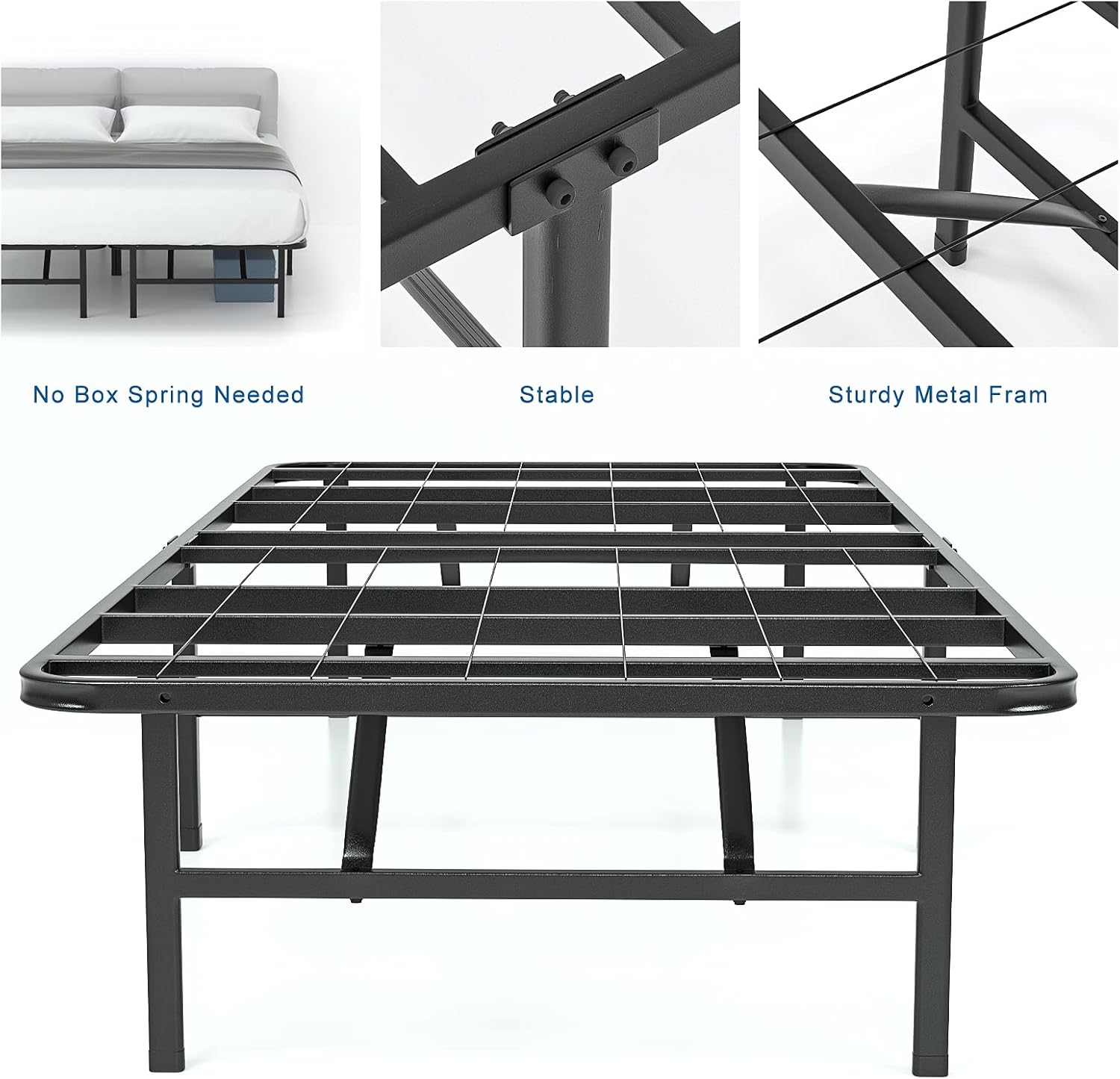 IYEE NATURE 14 Inch Bed Frame Metal Platform Easy Assembly Steel Slat Support No Box Spring Needed Black Large Storage Space Twin Size Bed Frames